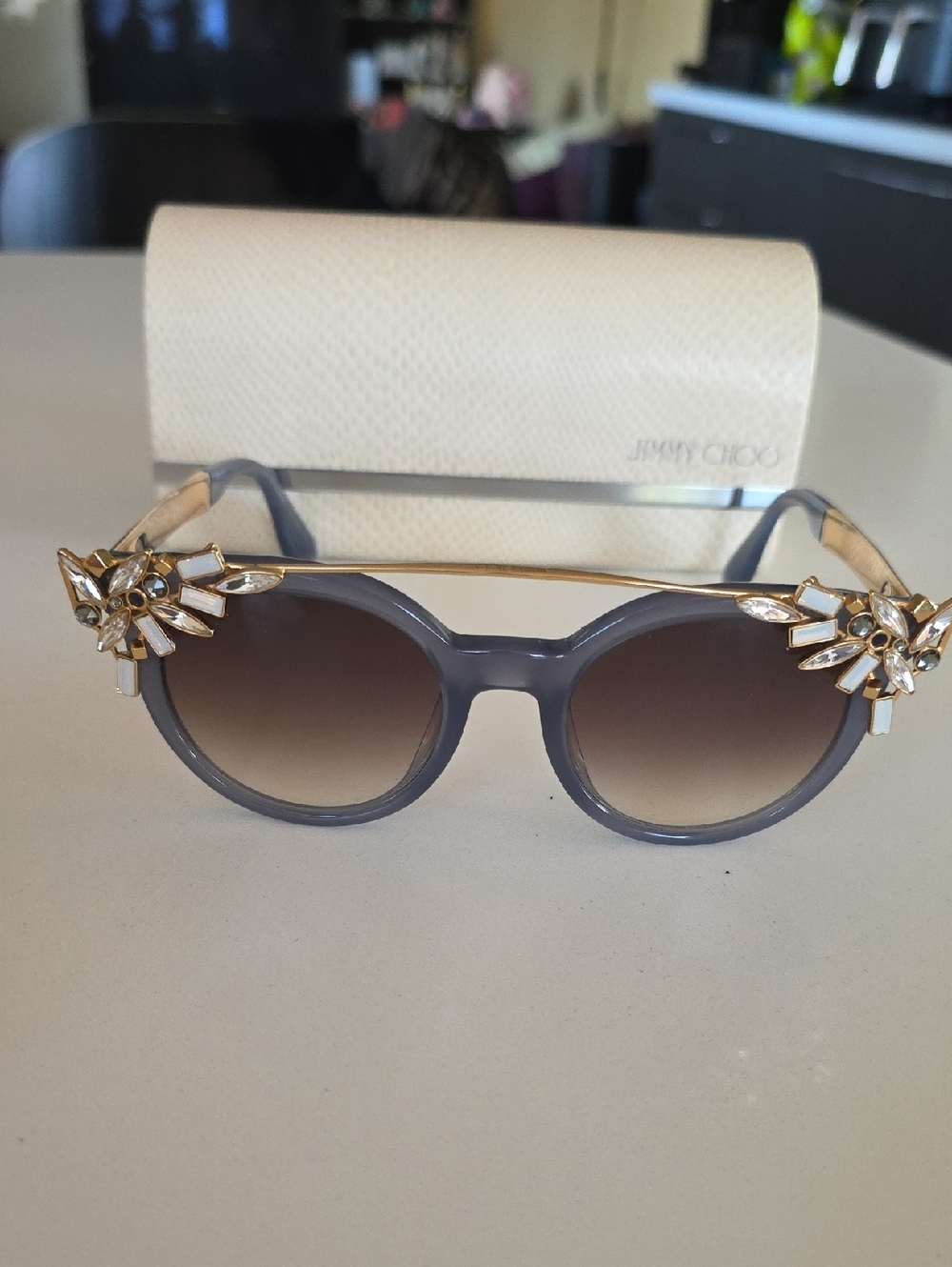 Jimmy Choo Gray Round Sunglasses with Gold Jeweled Temples
